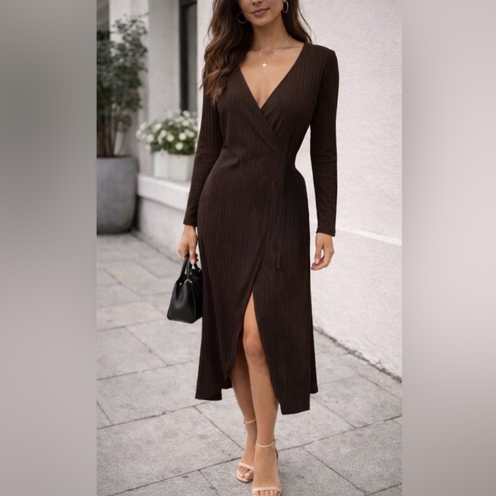 Caribe-Chocolate Brown Ruched Wrap Dress